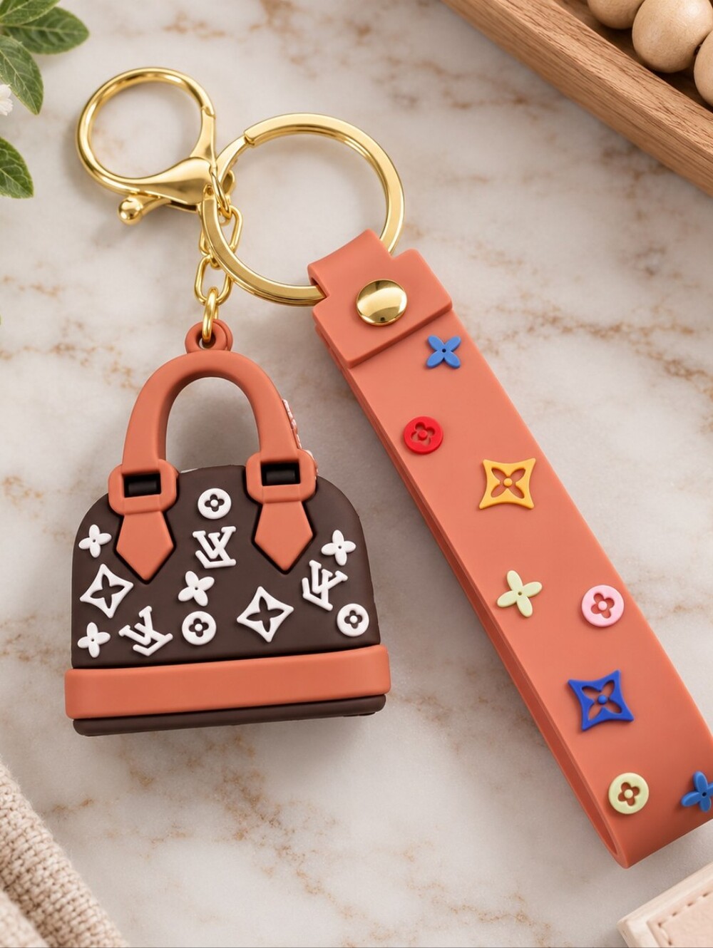 Designer-Inspired Brown & Coral Handbag Keychain with Coral Strap